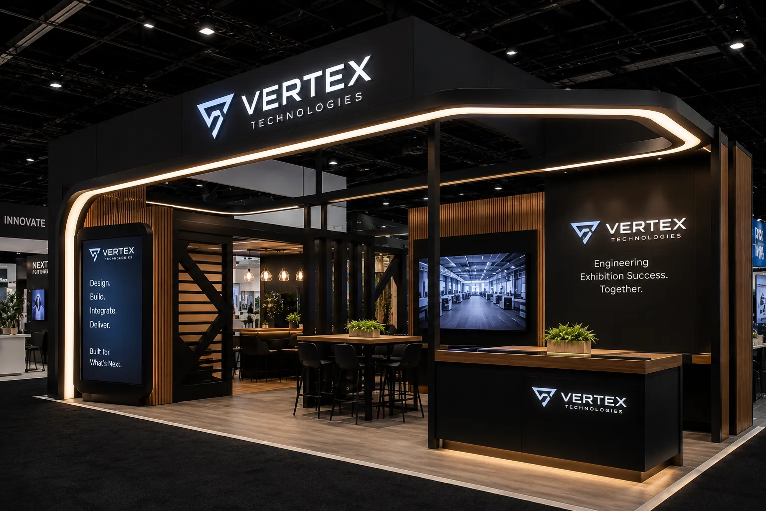Custom curved exhibit fabrication in the Nova Exhibit Group Las Vegas shop